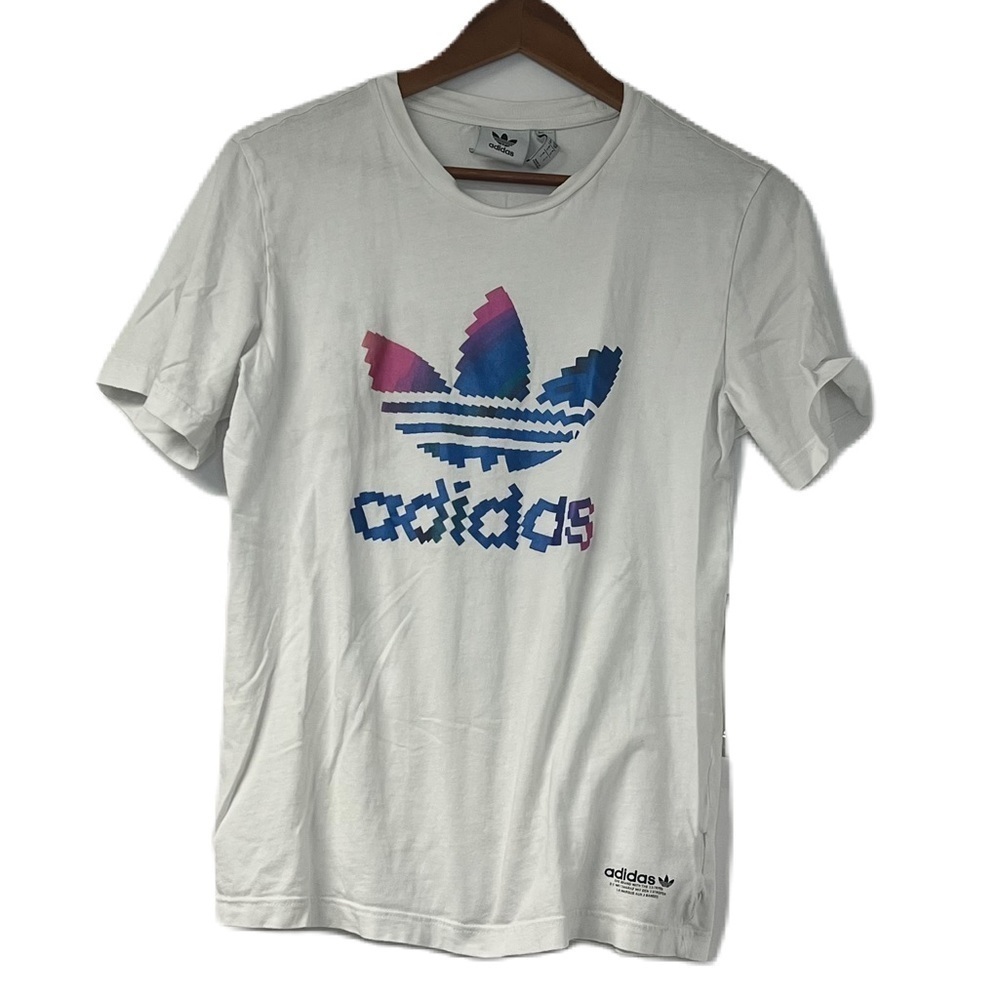 Adidas Men's S White pink purple blue logo graphic short sleeve tee casual sport